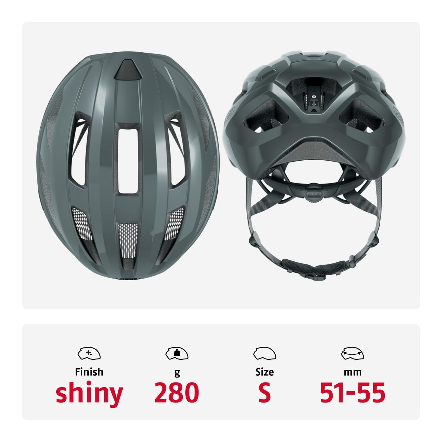 ABUS road bike helmet Macator - sporty bike helmet for beginners - also for pigtail wearers - for men and women - shiny gray, size S - 67328