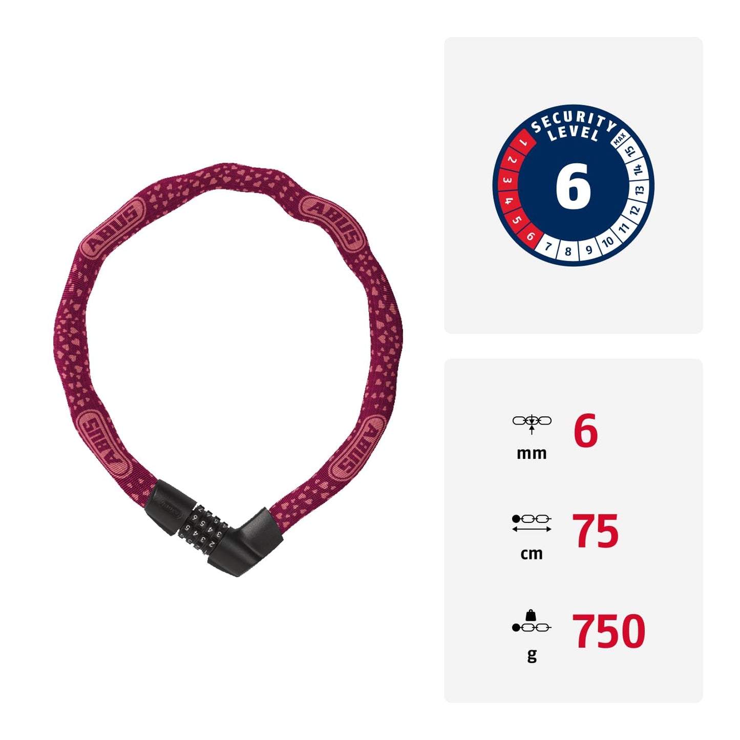 ABUS chain lock Tresor 1385/75 Cherry Heart - combination lock made of hardened steel - 6 mm thick square chain - ABUS security level 6 - 75 cm - red - 88013