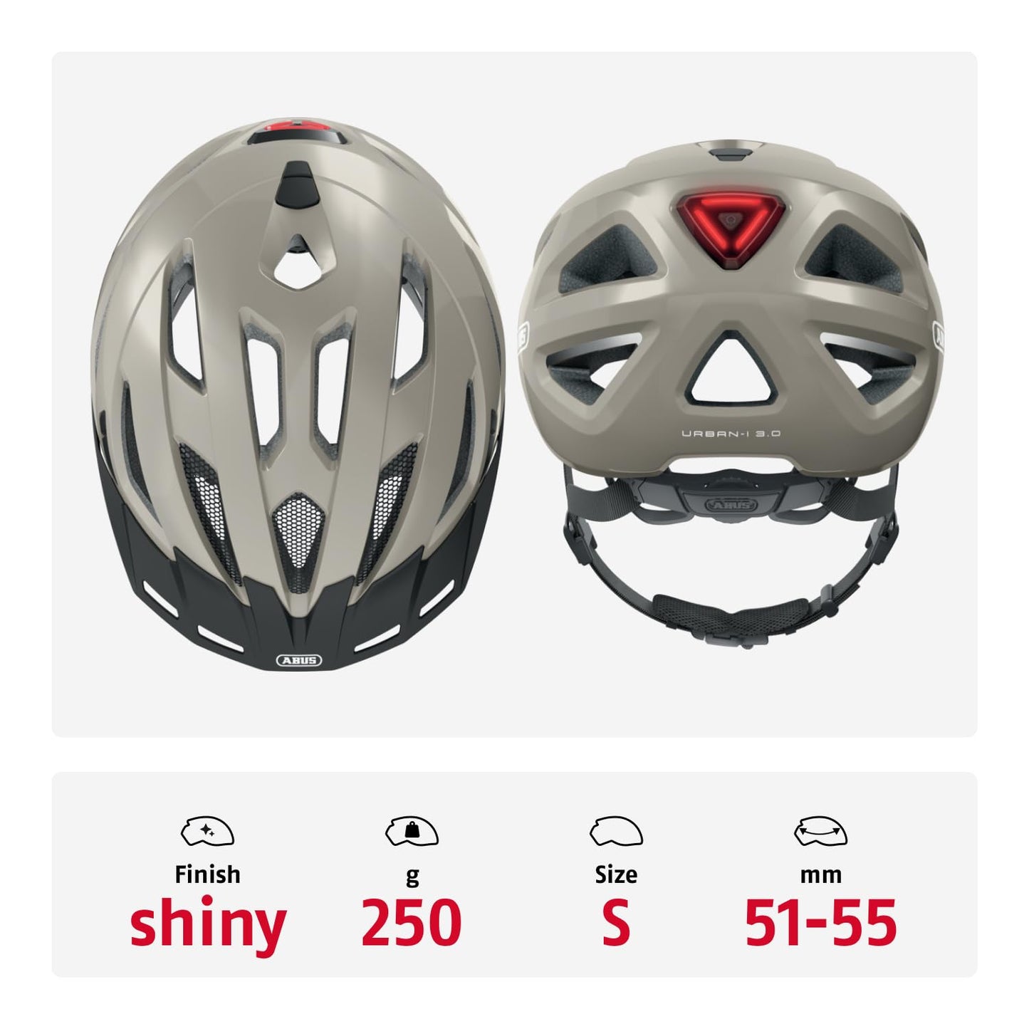 ABUS City Helmet Urban-I 3.0 - Bicycle Helmet with Rear Light, Peak and Magnetic Closure - for Men and Women - Glossy Gray, Size S, S (51-55 cm) - 66720