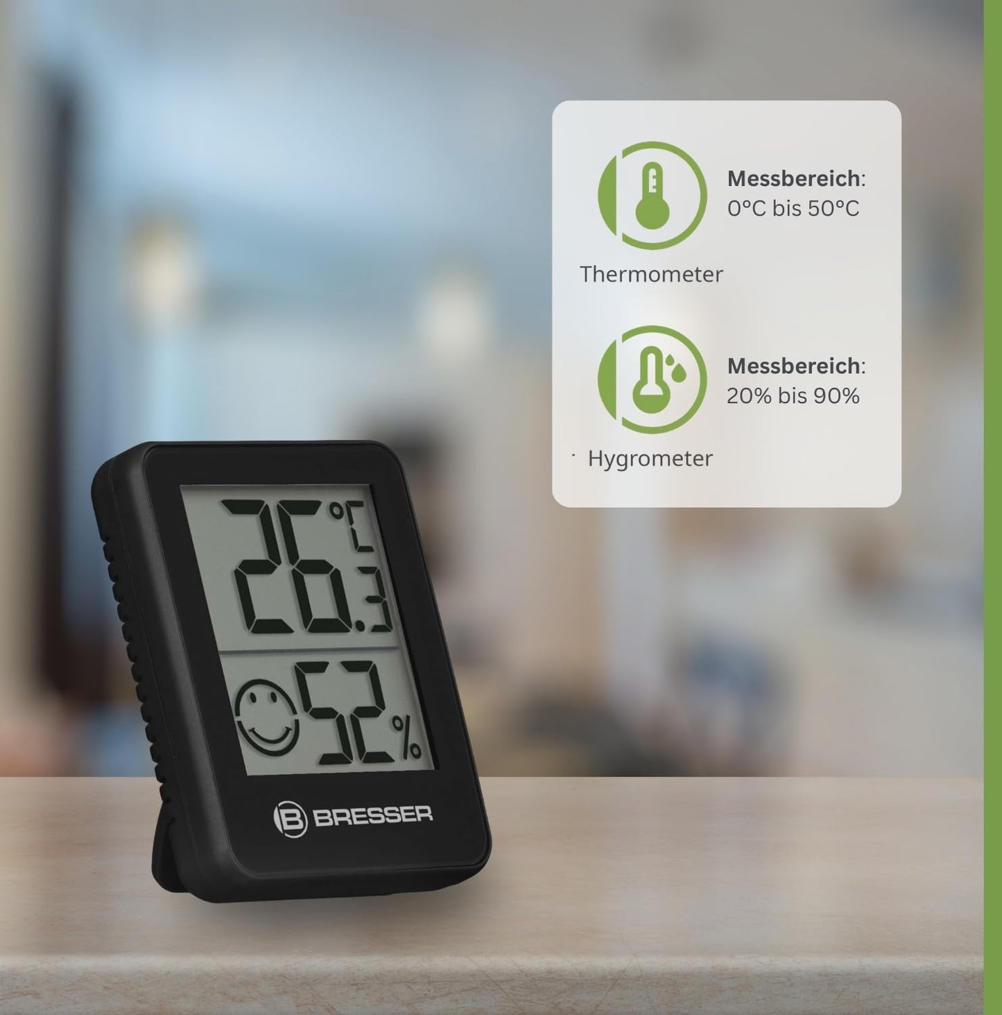 Bresser set of 6 thermometer hygrometers - digital room thermometer for checking interior humidity, suitable for refrigerators, wall mounting and magnet, mold prevention - indicator smiley, black - 7000015CM3000