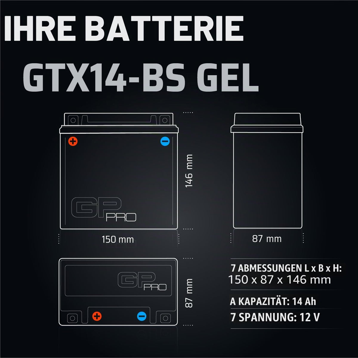 GP-PRO gel scooter battery GTX14-BS 12V 14Ah compatible with Piaggio Medley - GP-008