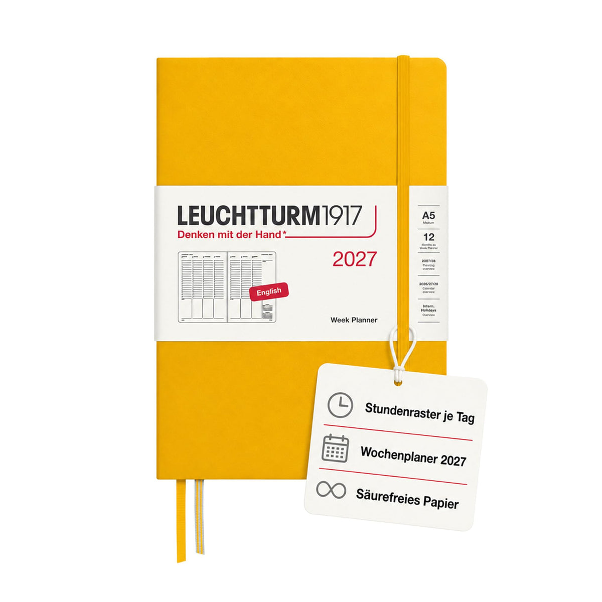 LEUCHTTURM1917 Weekly Planner 2027 Medium (A5) - English, Sunflower, 210 x 145 mm, January-December (12 months), weekly overview with hourly grid 7:00-22:00 per column, hardcover, 80 g/m² paper - 400315