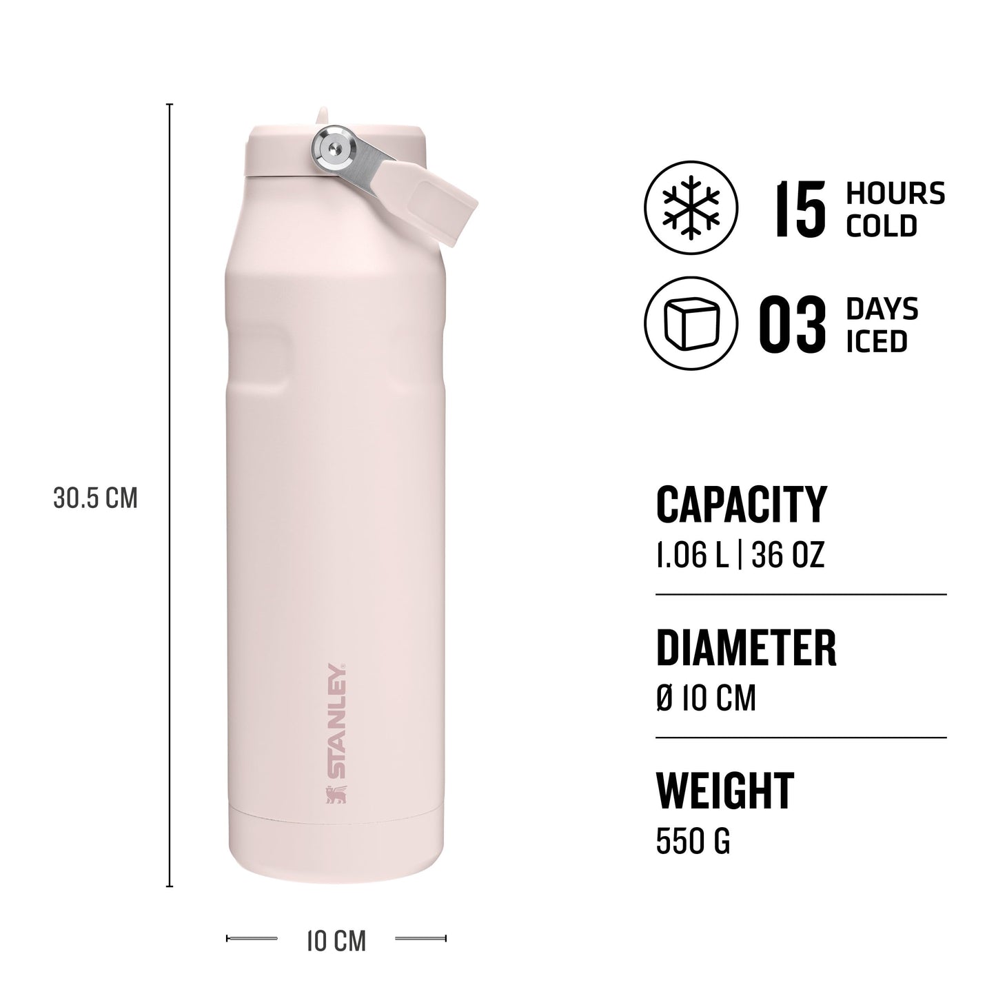 Stanley 1913 Flip Straw Drinking Bottle with Straw 1.06L - Thermal Mug Cools for 17 Hours - Ice Cold for 4 Days - BPA Free - Leakproof - For Cup Holders - Dishwasher Safe - Rose Quartz - 10-12111-065