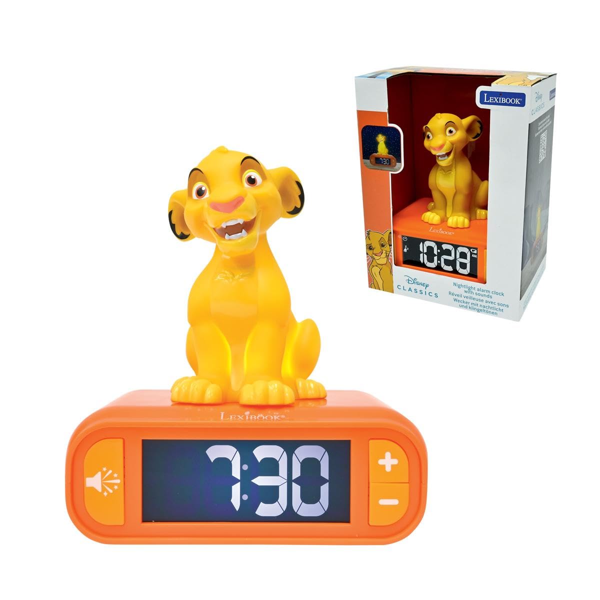 Lexibook, Disney The Lion King, Simba Night Light Alarm Clock, Sounds and Melodies, LCD Screen with Backlight, Illumination, Snooze Function, Yellow/Orange, RL800ANLXB