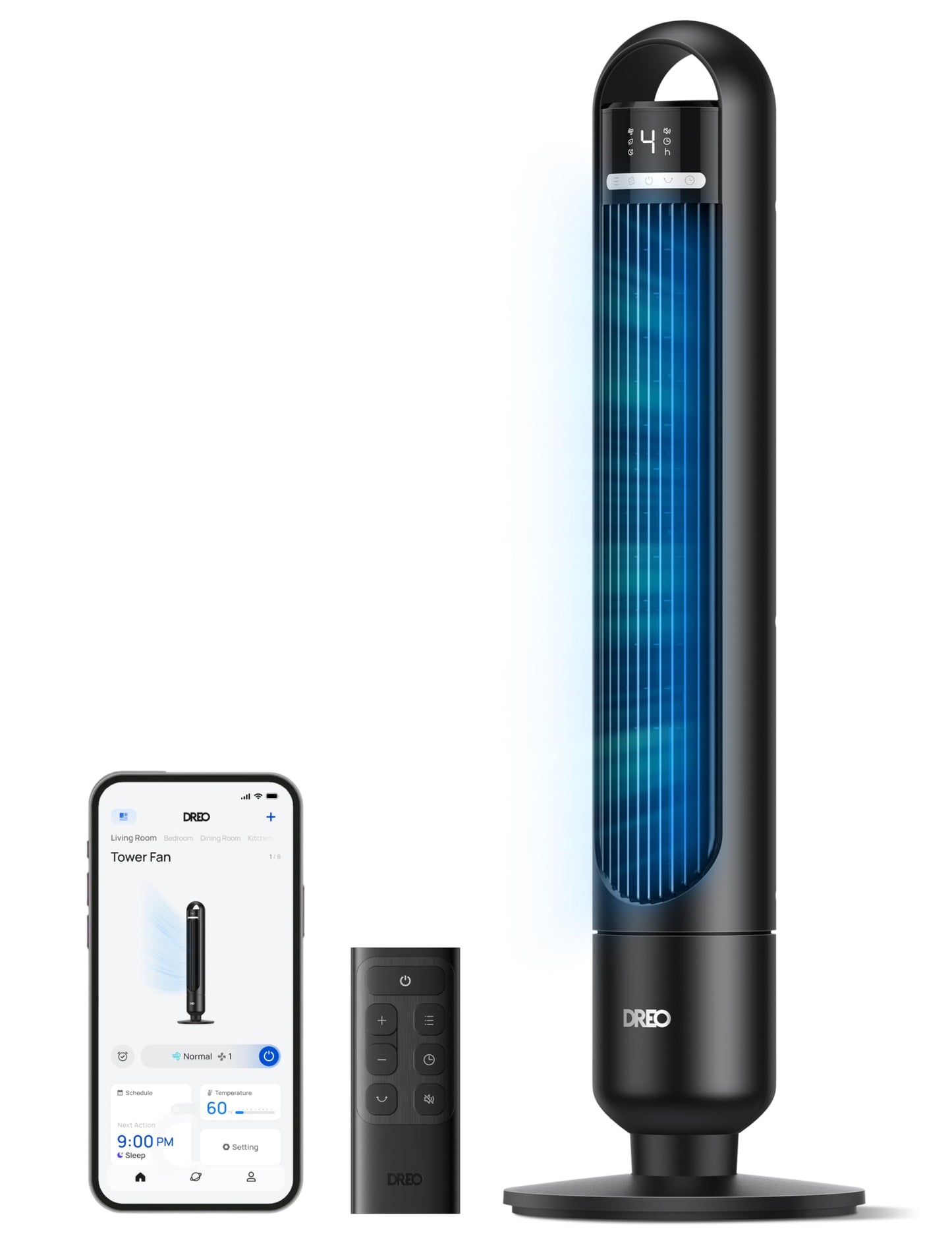 DREO Smart tower fan for the bedroom, quiet pedestal fan with 28 dB, air range up to 8.8 m, 4 levels & 3 modes, 8 hour timer, app, Alexa & Google, 90° oscillation, for home/office - DR-HTF017S