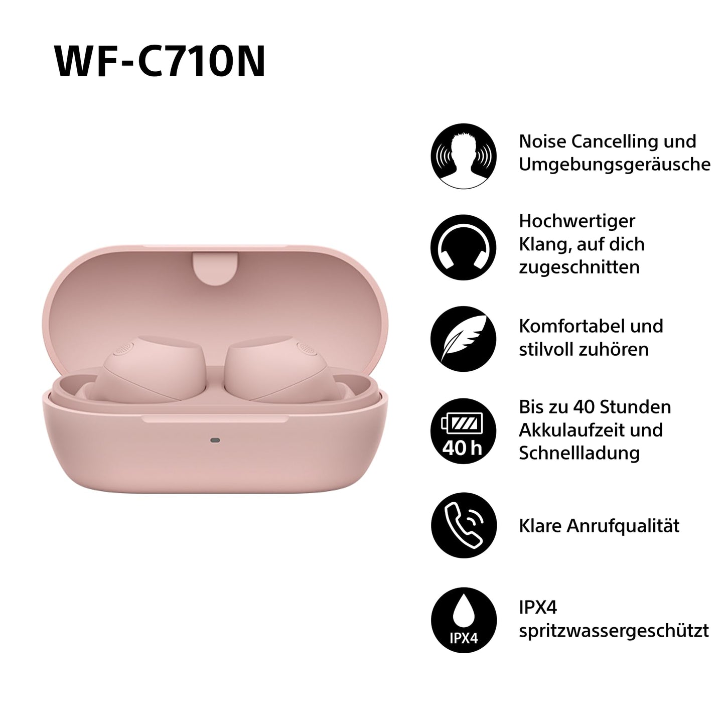 Sony WF-C710N - Truly Wireless Noise Canceling Earphones, lightweight, touch operation, multipoint connection, IPX4, up to 40h battery, quick charging, iOS and Android compatible, pink - WFC710NP.CE7