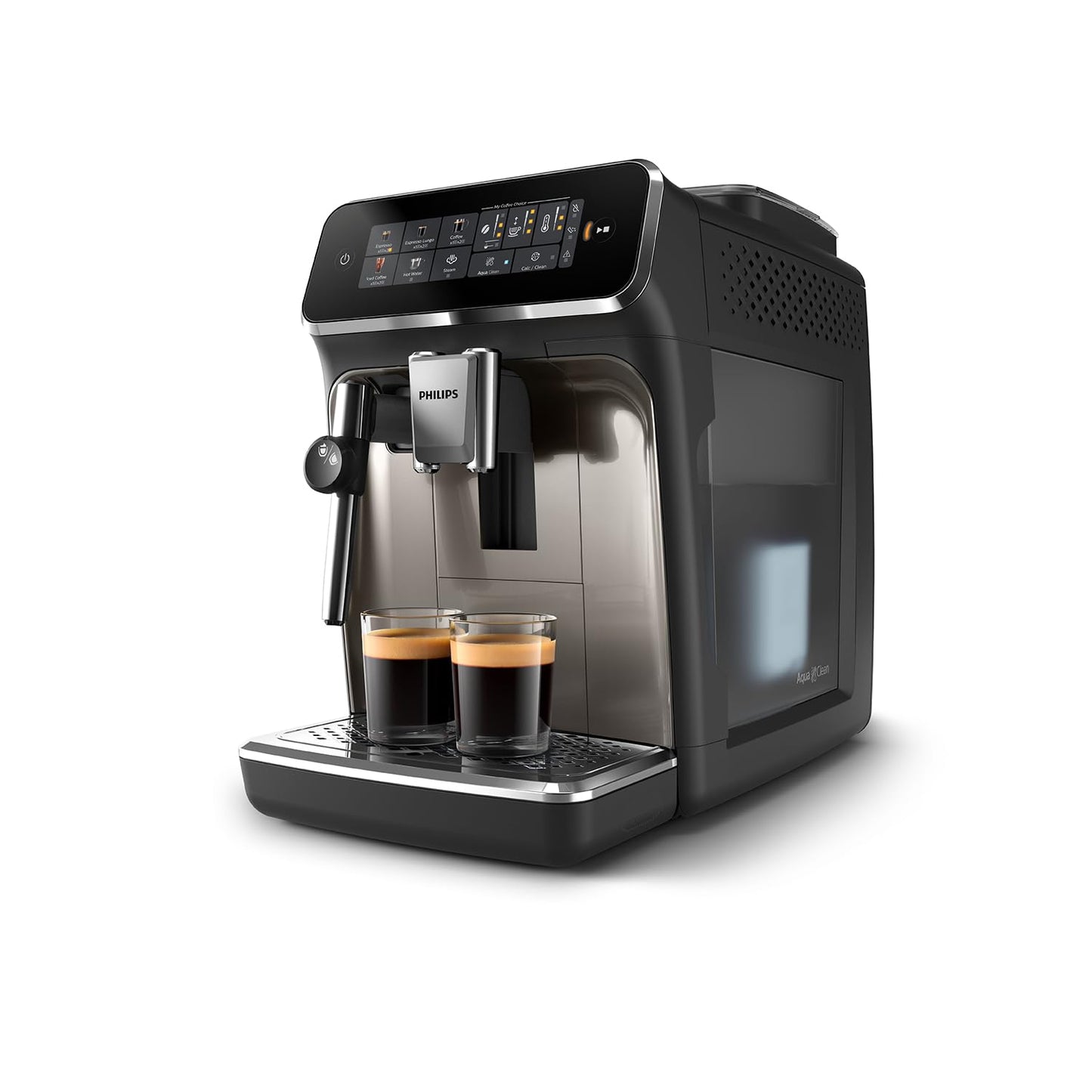 PHILIPS 3300 Series fully automatic coffee machine - 5 drinks, intuitive touch display, classic milk frother, SilentBrew, 100% ceramic grinder, AquaClean filter. Black chrome (EP3326/90)