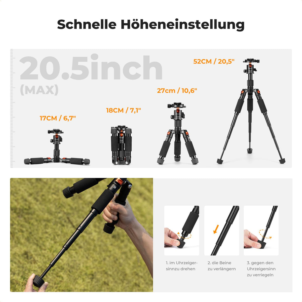 K&F CONCEPT Mini trepied, trepied pentru cameră de birou de 52 cm - S225A1+BH-25