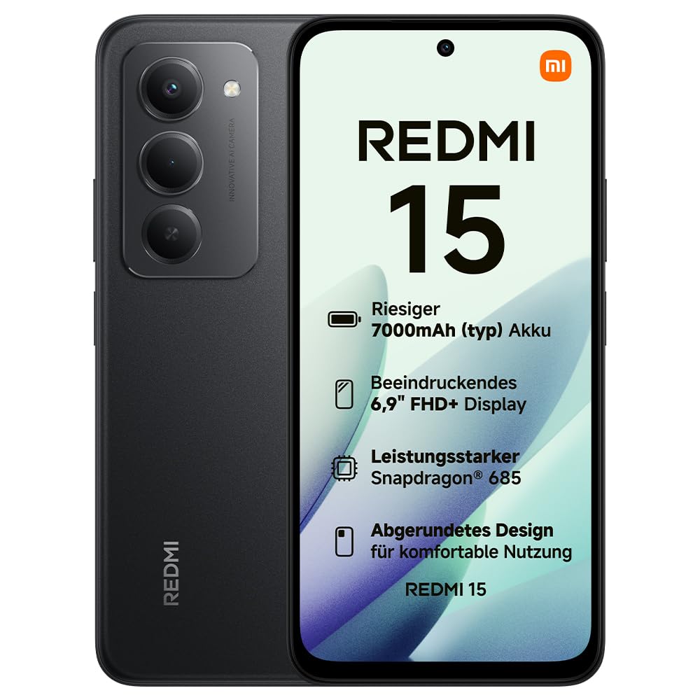 XIAOMI Redmi 15, smartphone 6+128GB, mobile phone with Android, 6.9" FHD+ 144Hz DotDisplay, Snapdragon 685, 50MP AI dual camera, 7000mAh battery, Midnight Black - MZB0MFXEU