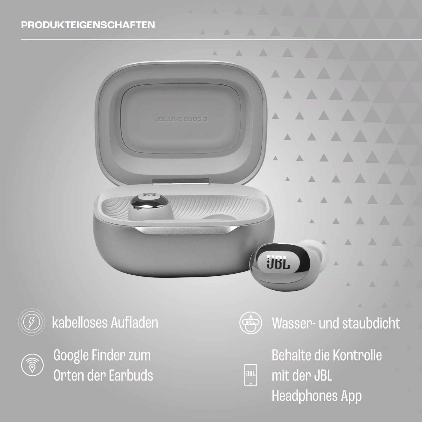 JBL Live Buds 3, wireless earbud headphones with Bluetooth, 40 hours of battery life, True Adaptive Noise Canceling and high-resolution JBL Signature Sound, IP55 waterproof, silver - JBLLIVEBUDS3SIL