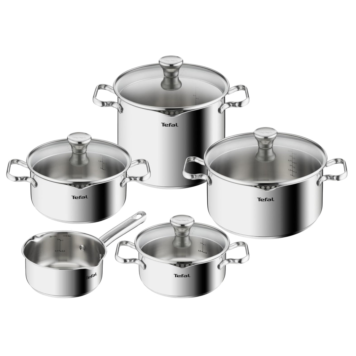 Set de oale Tefal Duetto, 9 piese, din oțel inoxidabil robust și de înaltă calitate, set de oale pentru inducție cu capac cu sită, potrivit pentru cuptoare până la 260°C (fără capac), compatibil cu toate tipurile de plite, A705S9