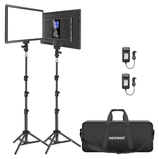 NEEWER 13" LED video light panel set with tripod, streaming light with lithium battery pack of 2 soft LED video lights 3200K-5600K CRI 97+ 2400lux, studio light for live gaming YouTube camera photography - 10099293