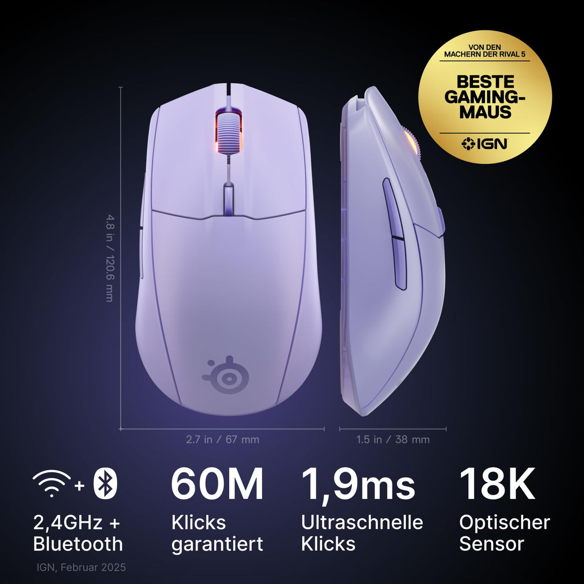 SteelSeries Rival 3 Wireless Gen 2 Mouse de gaming – 2,4 GHz și Bluetooth – senzor optic TrueMove Air de 18.000 DPI – 60 milioane de clicuri garantate – ultra ușoară – picioare de PTFE – Lavandă - 62525