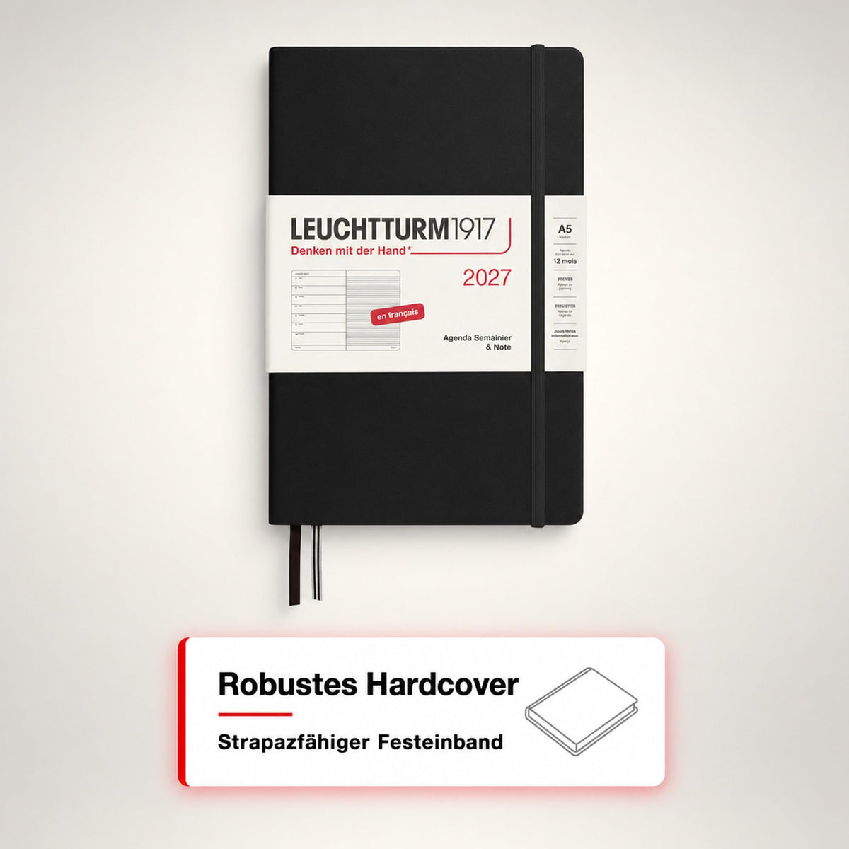 LEUCHTTURM1917 weekly calendar 2027 medium (A5) with notebook, lined - French appointment planner, black, hardcover, January-December 2027, weekly overview on the left + note page on the right - 400376