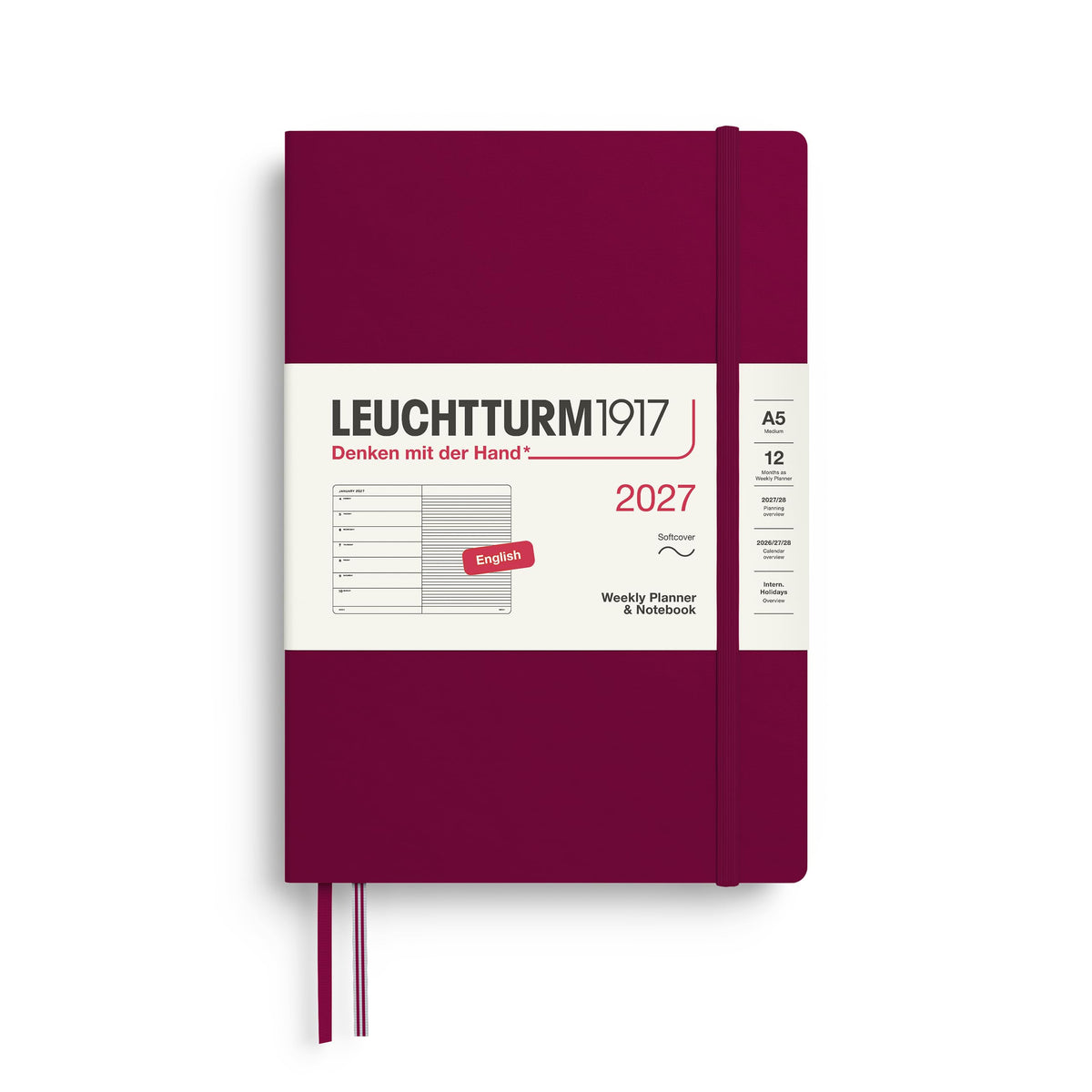 LEUCHTTURM1917 weekly calendar 2027 medium (A5) with notebook, lined - appointment planner English, Port Red, soft cover, 145 x 210 mm, January-December 2027, weekly overview on the left + note page on the right - 400234