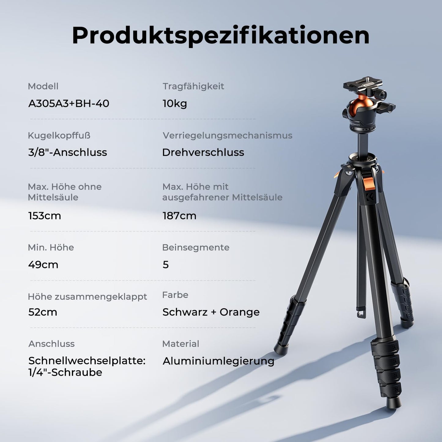 K&F CONCEPT Black Camera Tripod Mobile Phone Tripod, 187cm Camera Tripod, Tripod for Smartphone with Mobile Phone Tablet Holder, Aluminum Travel Tripod A305A1+BH-40 - A305A3+BH-40
