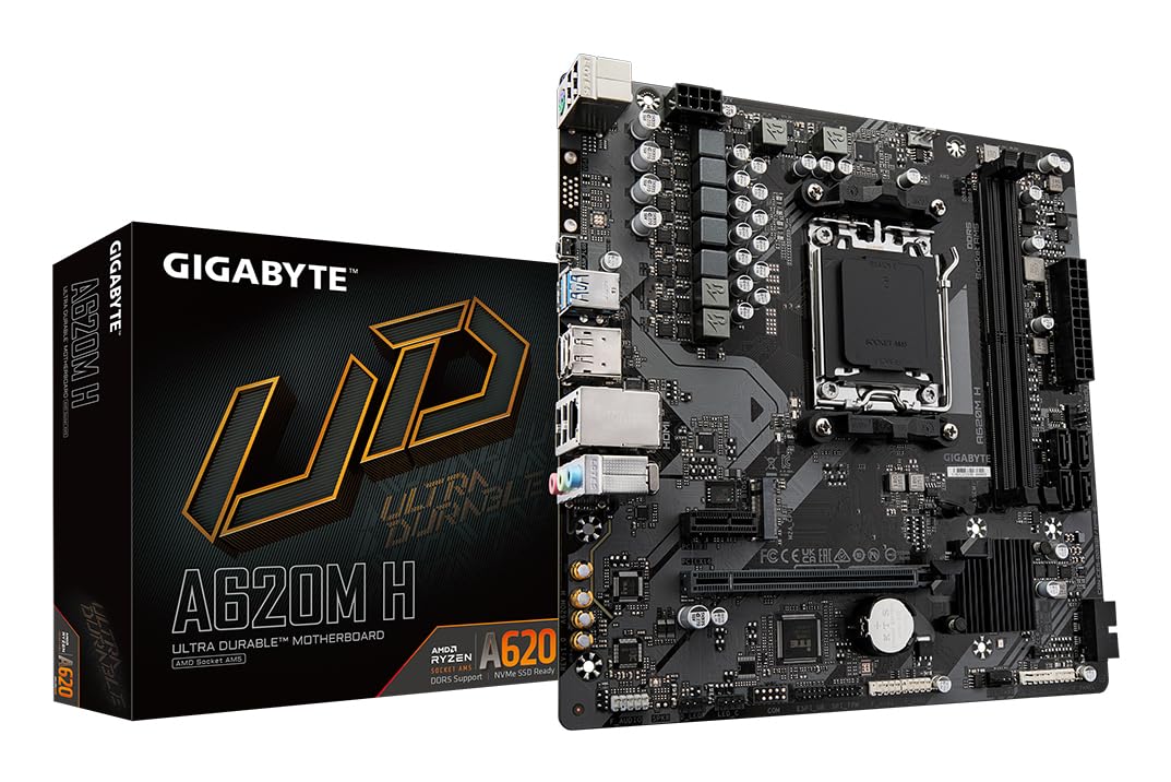 Placa de bază GIGABYTE A620M H - Suportă procesoare AMD Ryzen 8000, VRM digital cu 5+2+2 faze, până la 7200MHz DDR5 (OC), 1xPCIe 4.0 M.2, GbE LAN, USB 3.2 Gen 1