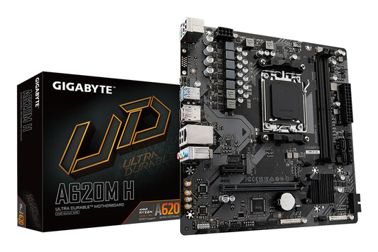 Placa de bază GIGABYTE A620M H - Suportă procesoare AMD Ryzen 8000, VRM digital cu 5+2+2 faze, până la 7200MHz DDR5 (OC), 1xPCIe 4.0 M.2, GbE LAN, USB 3.2 Gen 1