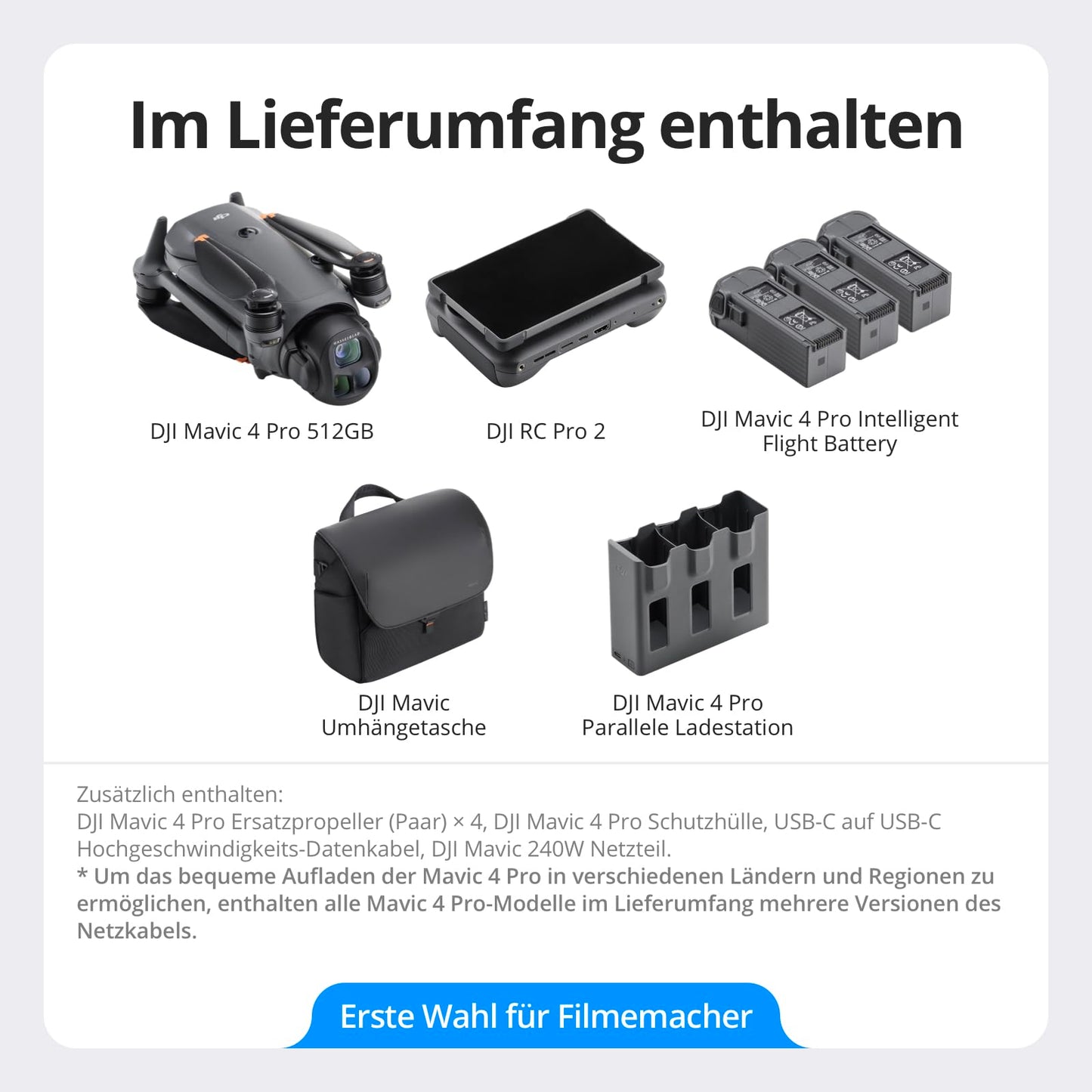 DJI Mavic 4 Pro 512GB Creator Combo, drone with DJI RC Pro 2, flagship triple camera drone with 100 MP 4/3 CMOS Hasselblad camera, 51 min. max. flight time, three batteries, charging station and more - 6937224110014