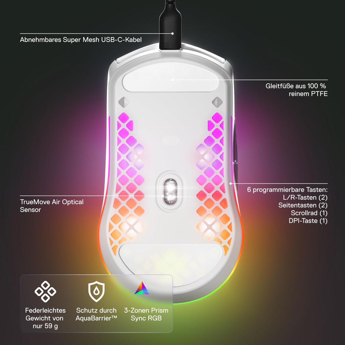SteelSeries Aerox 3 - RGB Gaming Mouse with Surface Openings - Ultra-lightweight, water-resistant design - Optical TrueMove Core sensor with 8,500 DPI - Snow - 62612