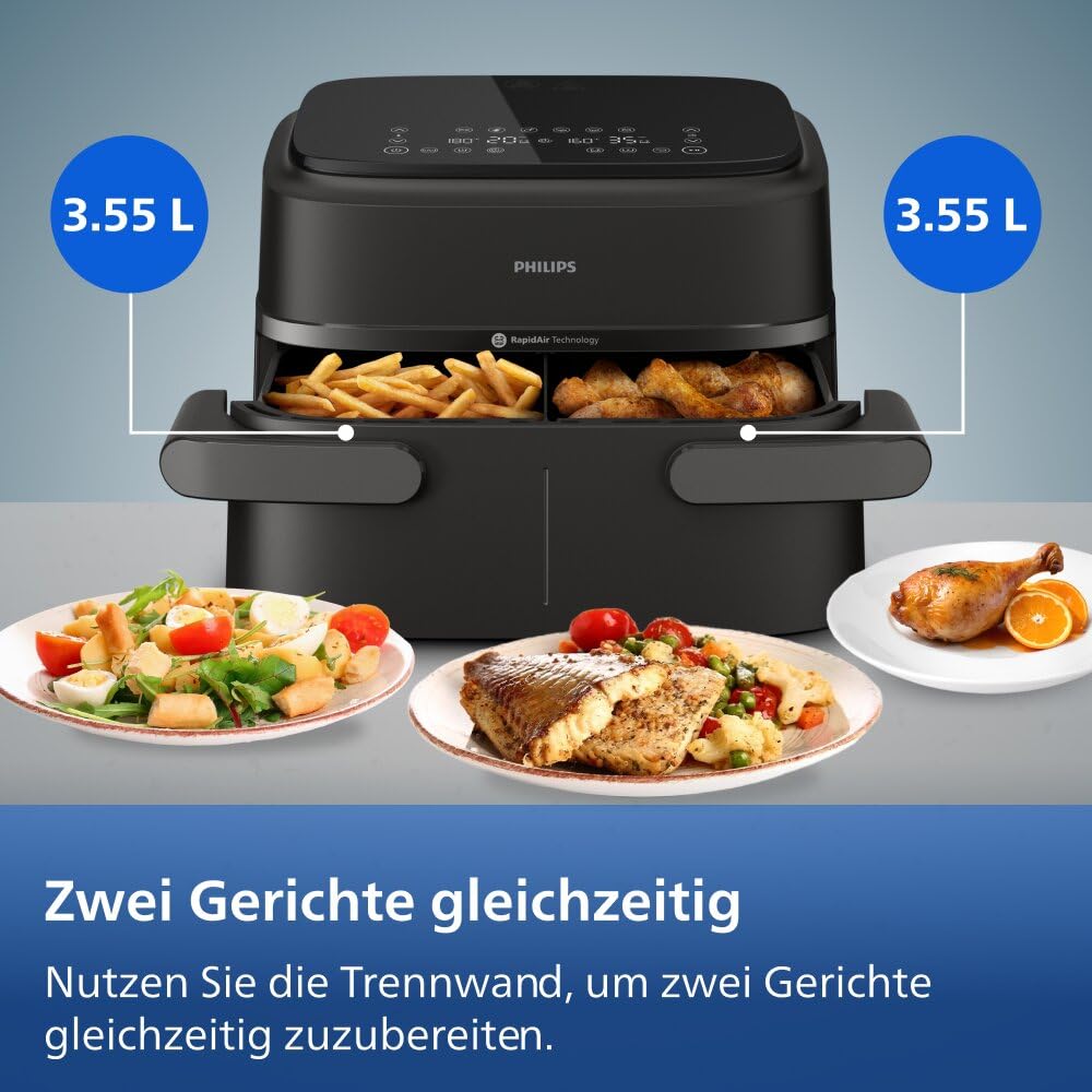 Philips Airfryer 1000 Series Flexible Basket - Hot air fryer with 7.1 L capacity, RapidAir technology, 10 cooking functions, 90% less fat, compact design, HomeID recipe app (NA154/00)
