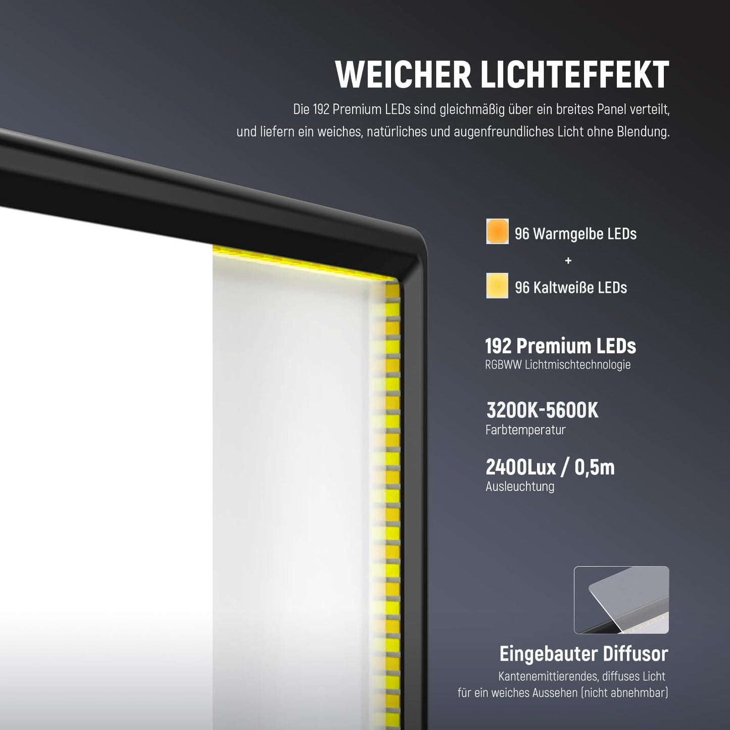 NEEWER Basics 13" LED Panel Video Light, 20W Ultra Thin Dimmable DSLR Camera Soft Photo Key Light Video Light for Streaming Studio Photography Podcast Recording, 8000mAh/3200-5600K/CRI97+, NL-192B - 10104267