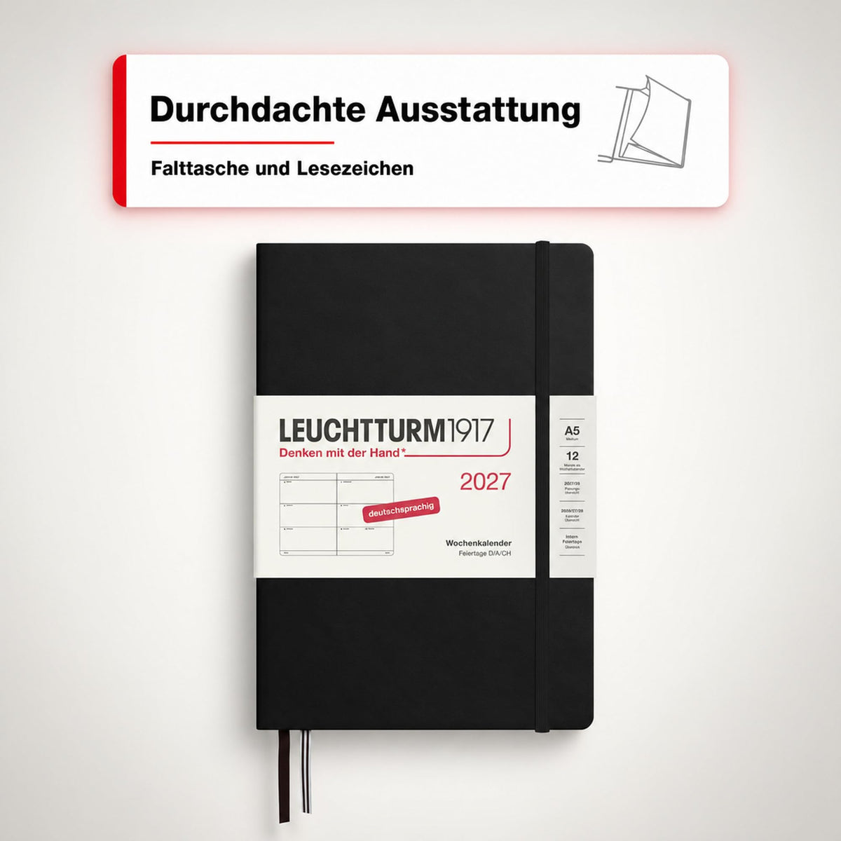 LEUCHTTURM1917 Calendar săptămânal 2027 Mediu (A5) - Germană, Negru, Hardcover, 145 x 210 mm, 12 luni - ianuarie-decembrie 2027, 1 săptămână pe pagină dublă, hârtie de 80 g/m² cu compatibilitate ridicată cu cerneală - 400101
