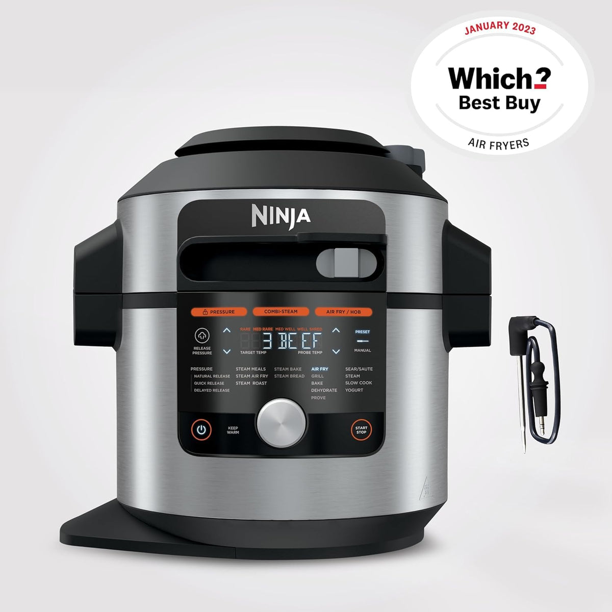 Ninja Foodi MAX Multicooker with Smart Lid, 7.5L, 14-in-1 Multicooker, Pressure Cooker, Air Fryer, Slow Cooker, digital temperature probe, stainless steel, OL750EU