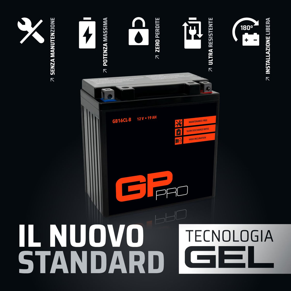 GP-PRO gel battery GB16CL-B 12V 19Ah compatible with Hyosung 450 Sport - GP-012