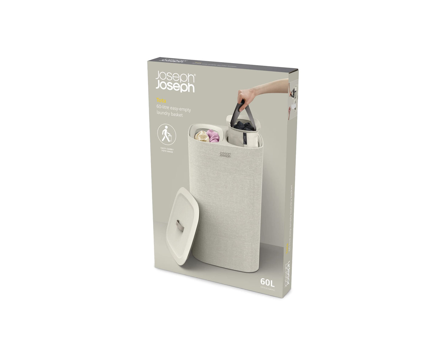 Joseph Joseph Tota 60 Liter Laundry Sorting Basket with Lid, 2 Removable Laundry Bags with Handles, Ecru Beige - 50019