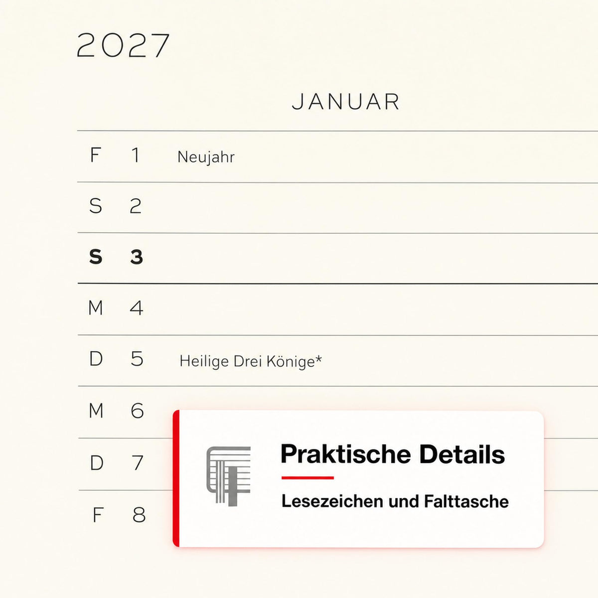 LEUCHTTURM1917 Daily Calendar 2027 Medium (A5) - German, black, 145 x 210 mm, January-December (12 months), 1 page per day, hourly grid 7:00-22:00, hardcover, 80 g/m² paper - 400157