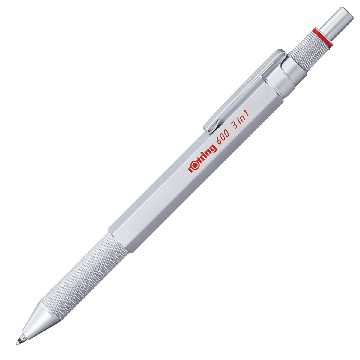 rOtring 600 3-in-1 writing instrument with ballpoint pen and mechanical pencil | Ballpoint pen with 2 fine tips (black and red ink) | 1 mechanical pencil with tip (0.5 mm lead) | Silver - 2164109