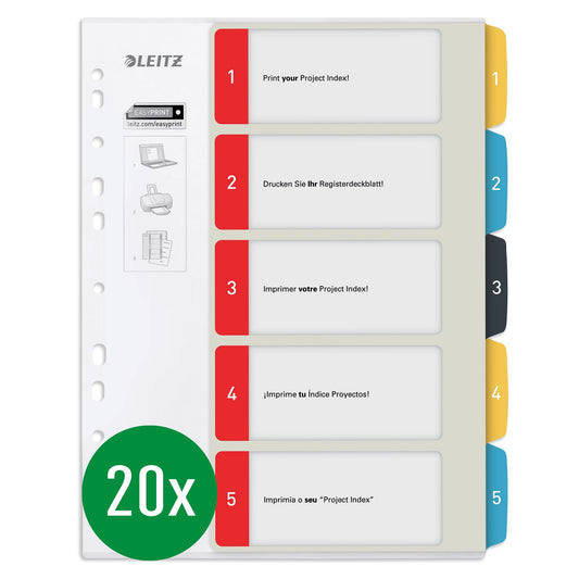 Leitz PC-writable register in A4 format, pack of 20, 1-5, robust, multi-colored, cozy series, 12400000 - 12400000-20