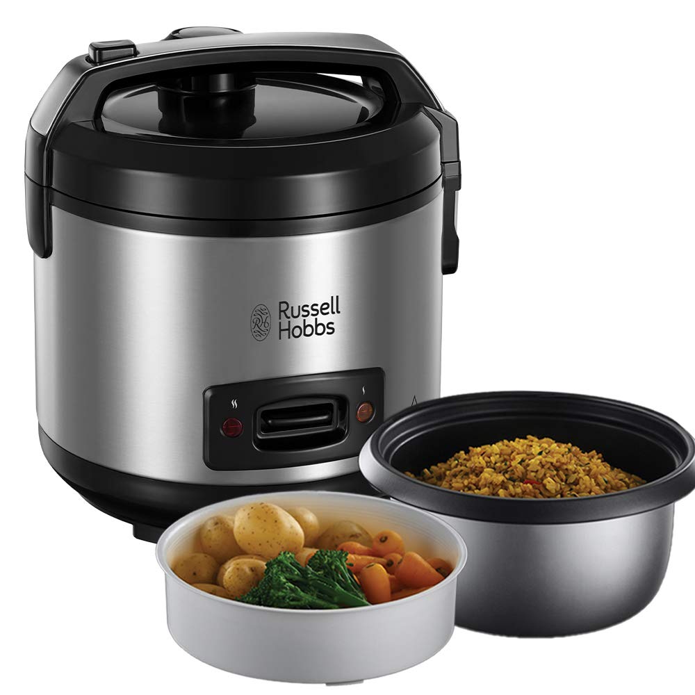 Russell Hobbs rice cooker 1.2l incl. steamer insert with aroma hinged lid (keep warm function, non-stick coated cooking pot, rice spoon & measuring cup, stainless steel) 27080-56