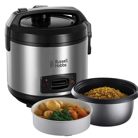 Russell Hobbs rice cooker 1.2l incl. steamer insert with aroma hinged lid (keep warm function, non-stick coated cooking pot, rice spoon & measuring cup, stainless steel) 27080-56