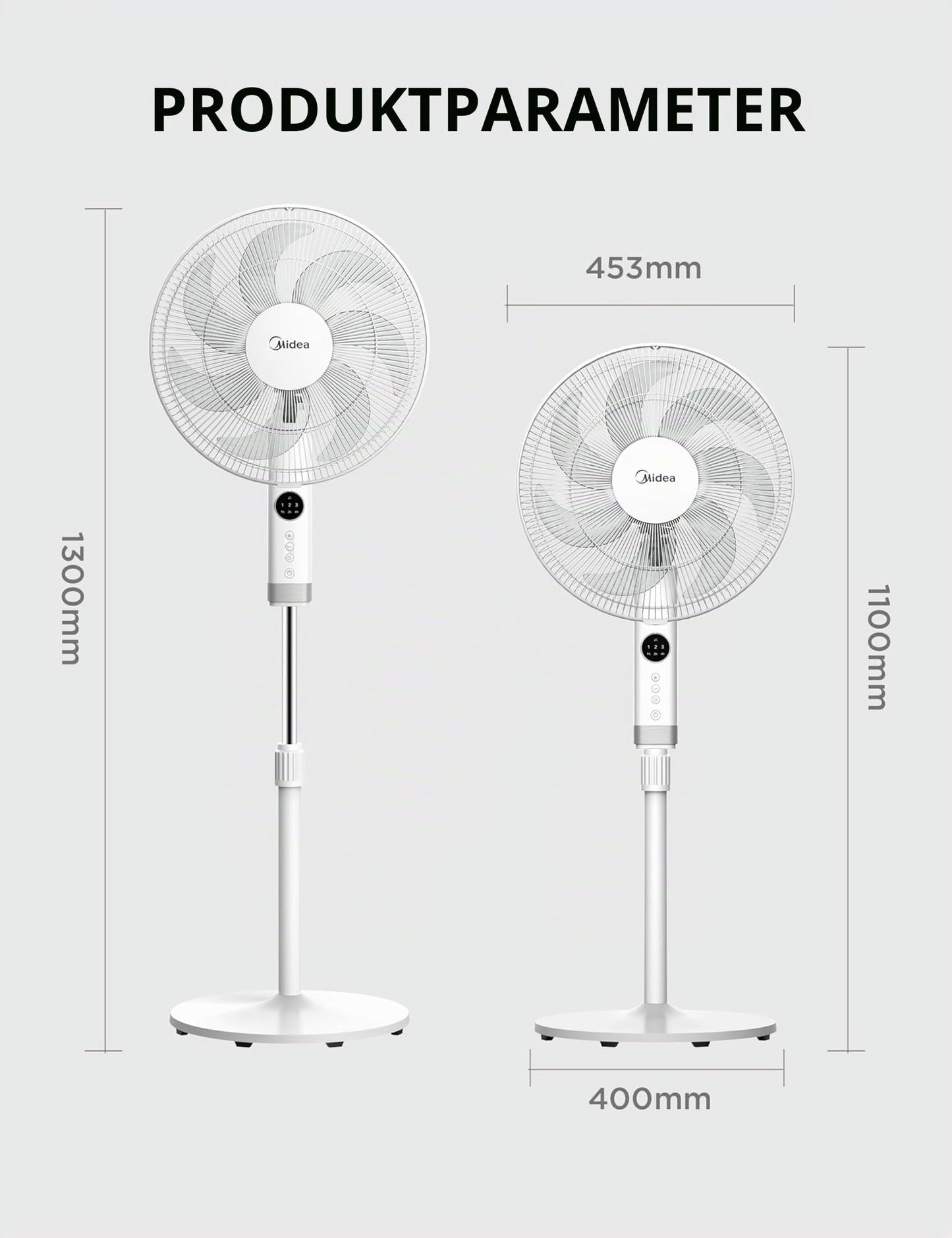 Midea FS40-23MR 3 speed pedestal fan, telescopic height and size, remote control, dual acceleration system, 90 degree swing left and right - MFS400R0APW