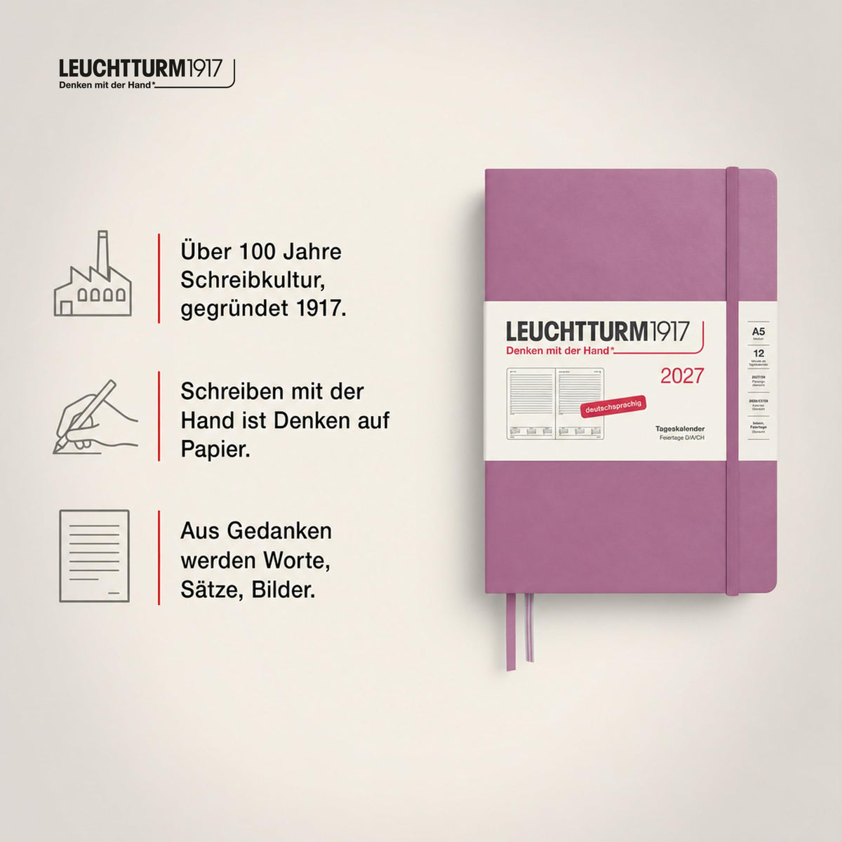LEUCHTTURM1917 Daily Calendar 2027 Medium (A5) - German, Dusty Rose, 145 x 210 mm, January-December (12 months), 1 page per day, hourly grid 7:00 a.m. - 10:00 p.m., hardcover, 80 g/m² paper - 400158