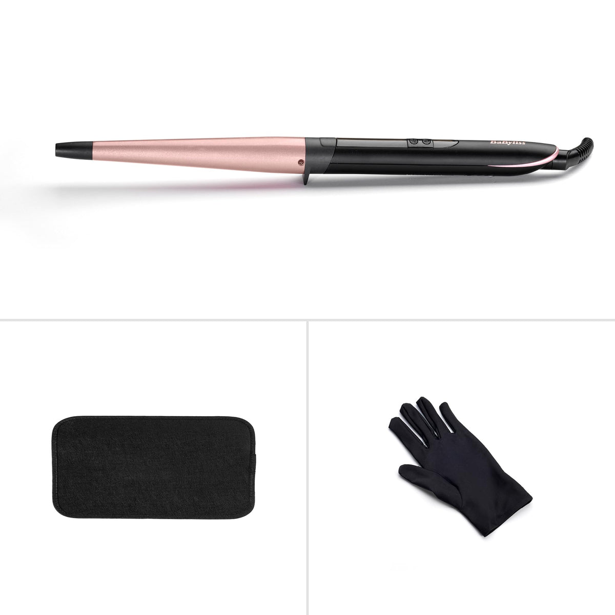 BaByliss Rose Quartz Conical Wand – 13-25mm curling wand for natural waves and curls, ceramic, 6 temperature settings from 160°C to 210°C, Pink & Black, C454E