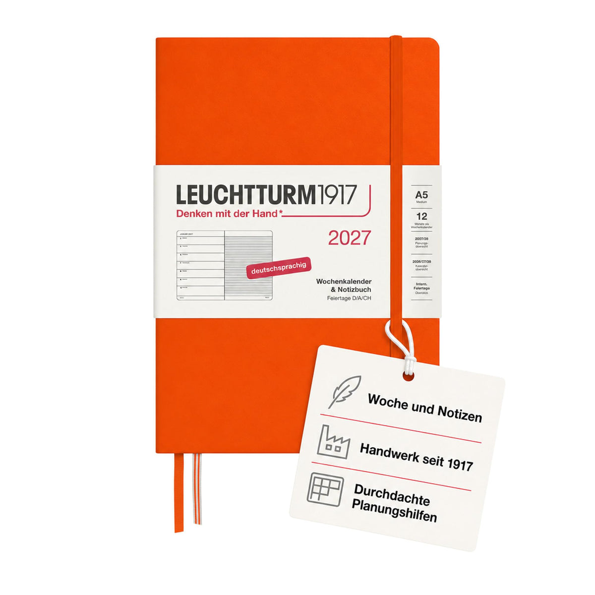 LEUCHTTURM1917 Weekly Calendar 2027 Medium (A5) with Notebook - Appointment Planner German, Pumpkin, January-December 2027, Weekly Overview on the Left + Notes Page on the Right - 400050