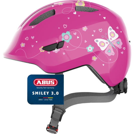 ABUS children's helmet Smiley 3.0 - bicycle helmet with a deep fit, child-friendly designs & space for a braid - for girls and boys - pink with butterfly pattern, size M - 67258