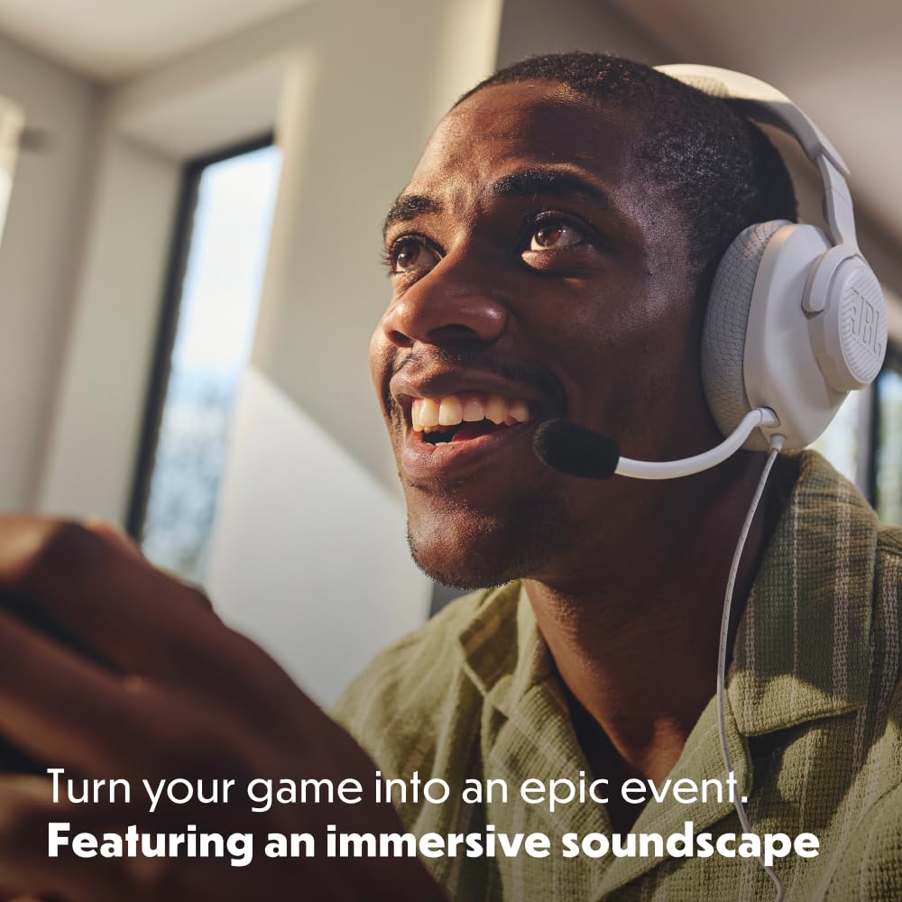 JBL Quantum 100M2 Wired Over-Ear Gaming Headset with JBL QuantumSOUND Signature, 3.5mm jack, multi-platform compatibility and detachable microphone with mute option, white - JBLQTUM100M2WHT