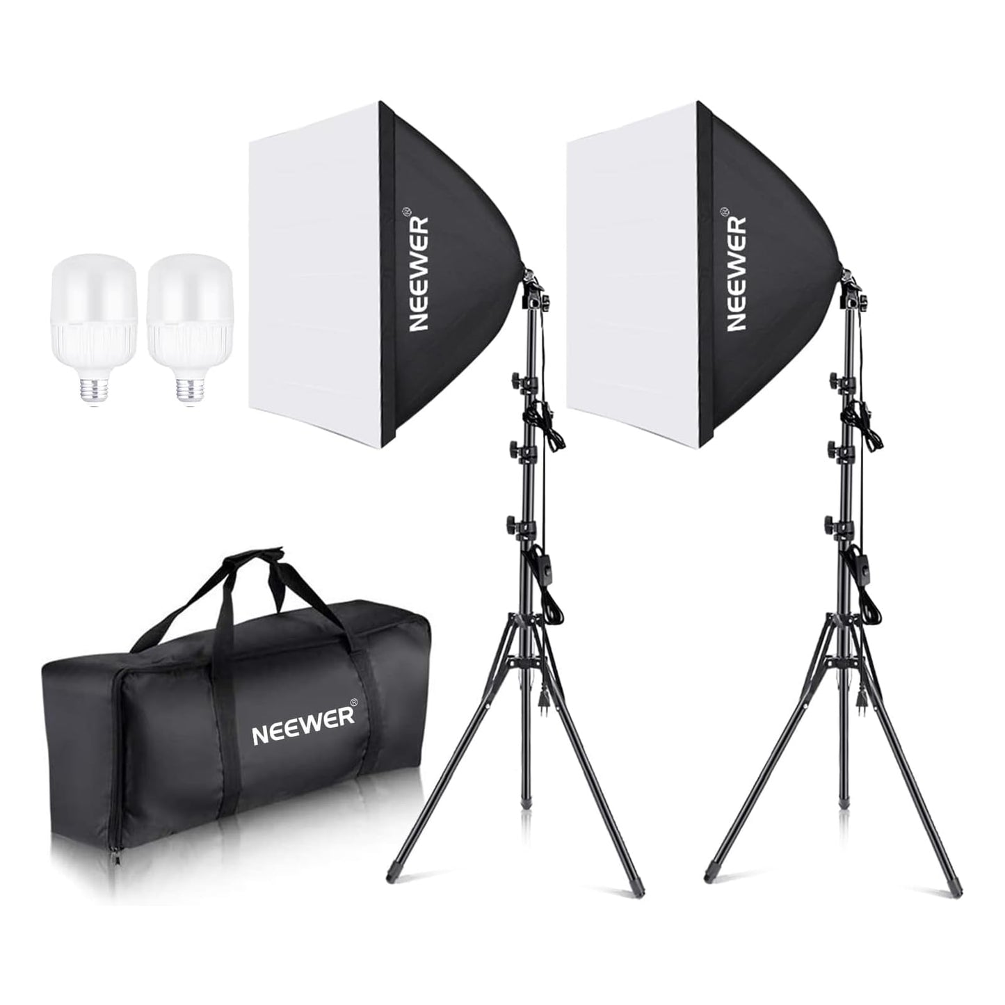 NEEWER softbox lighting set, equivalent to 700W, pack of 2 5700K LED light bulbs, 24 x 24 inch softboxes with E27 socket, photography continuous light set, photo studio equipment - Neewer