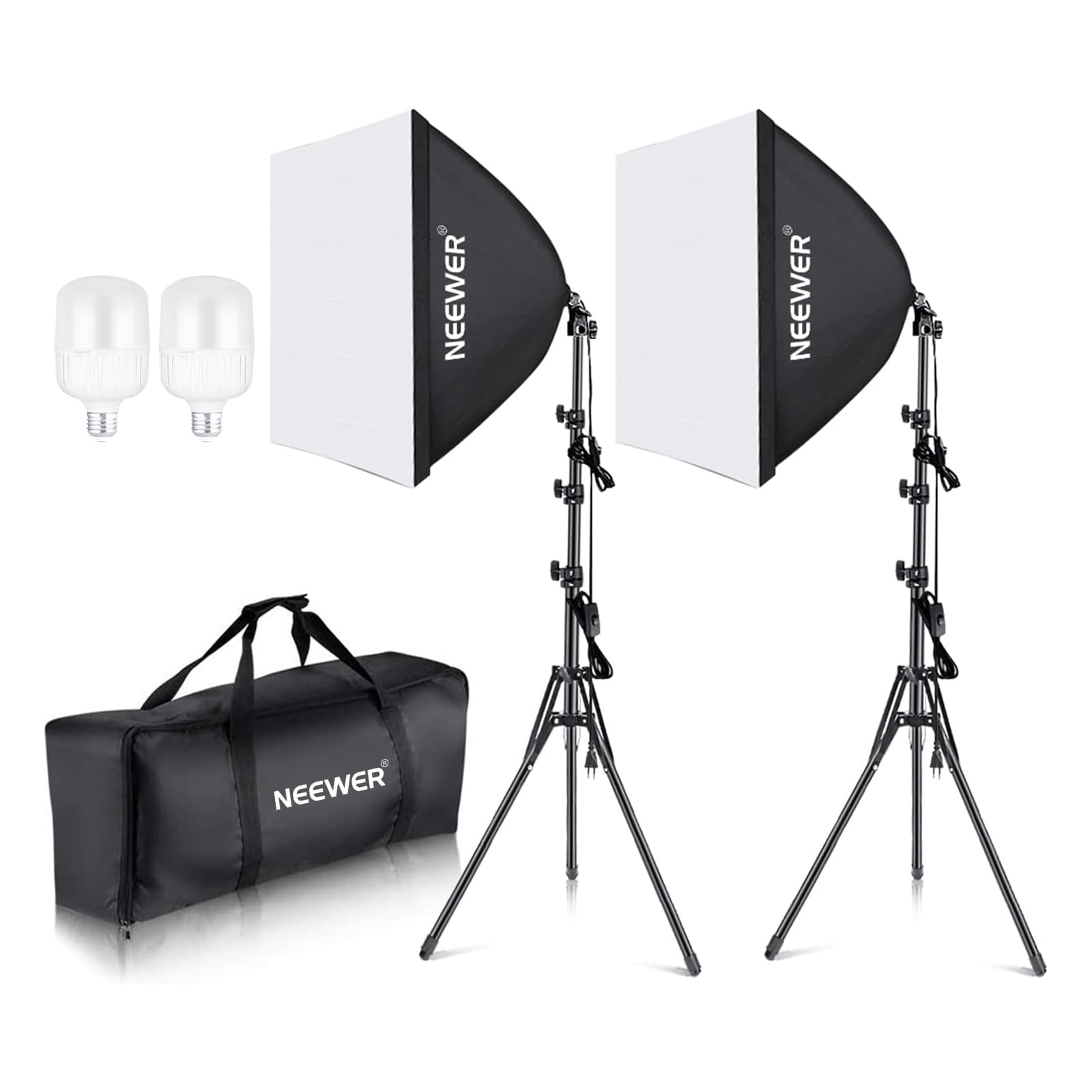 NEEWER softbox lighting set, equivalent to 700W, pack of 2 5700K LED light bulbs, 24 x 24 inch softboxes with E27 socket, photography continuous light set, photo studio equipment - Neewer