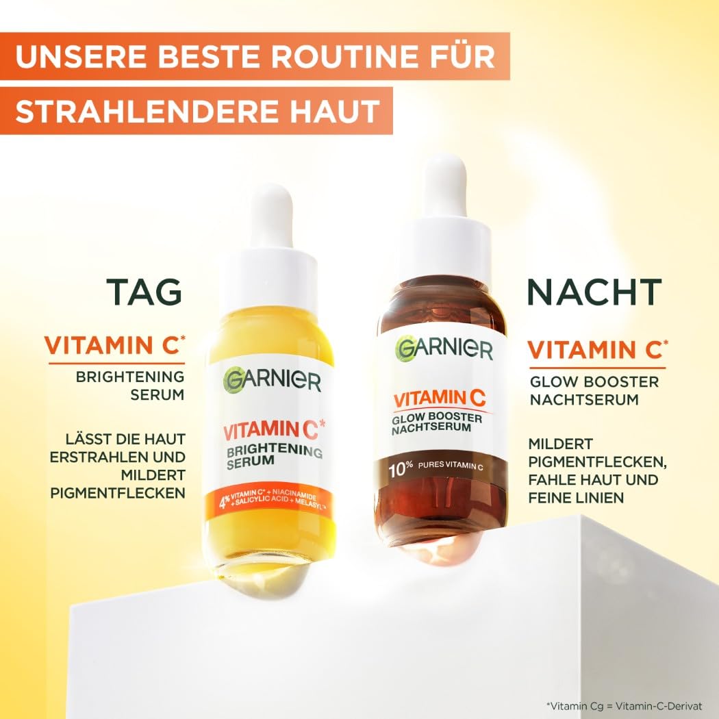 Garnier SkinActive Coffret Max Glow Booster Set pentru zi și noapte cu ser anti-pete întunecate cu vitamina C, cremă pentru ochi Glow Booster cu vitamina C și ser de noapte Glow Booster cu vitamina C.