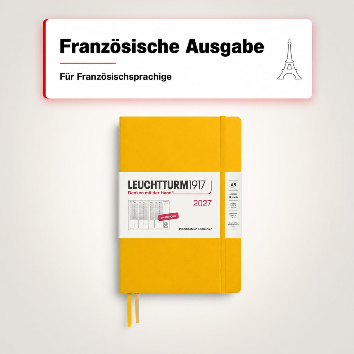 LEUCHTTURM1917 Weekly Planner 2027 Medium (A5) - French, Sunflower, 210 x 145 mm, January-December (12 months), weekly overview with hourly grid 7:00-22:00 per column, hardcover - 400408