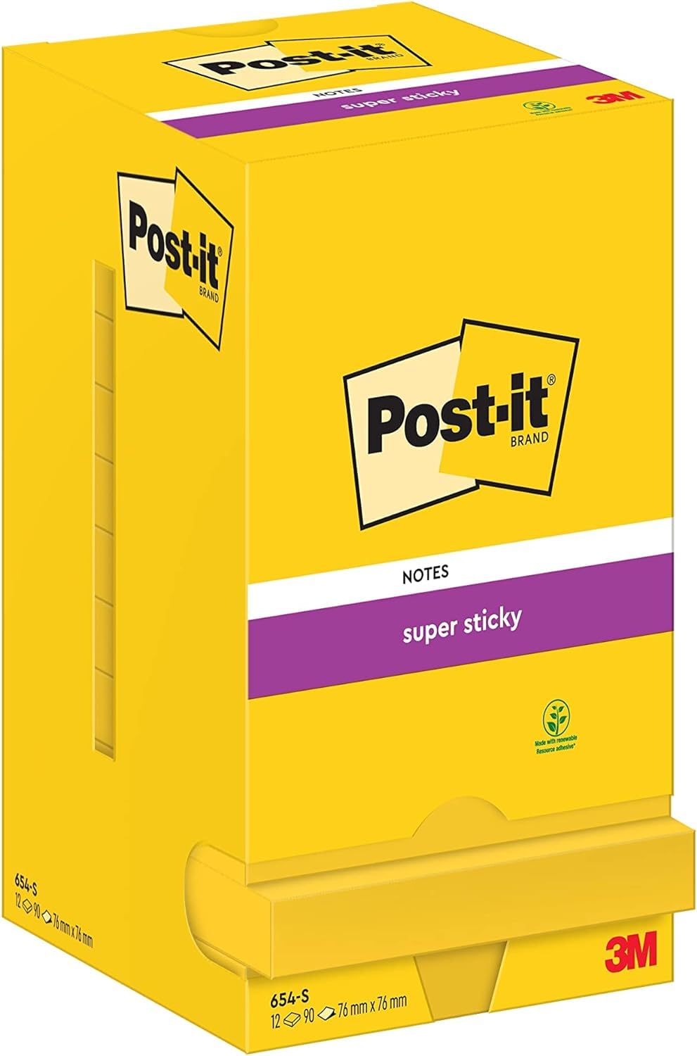 Post-it Super Sticky Notes, 12 pads (1080 sheets), 76mm x 76mm, Yellow - 654-S