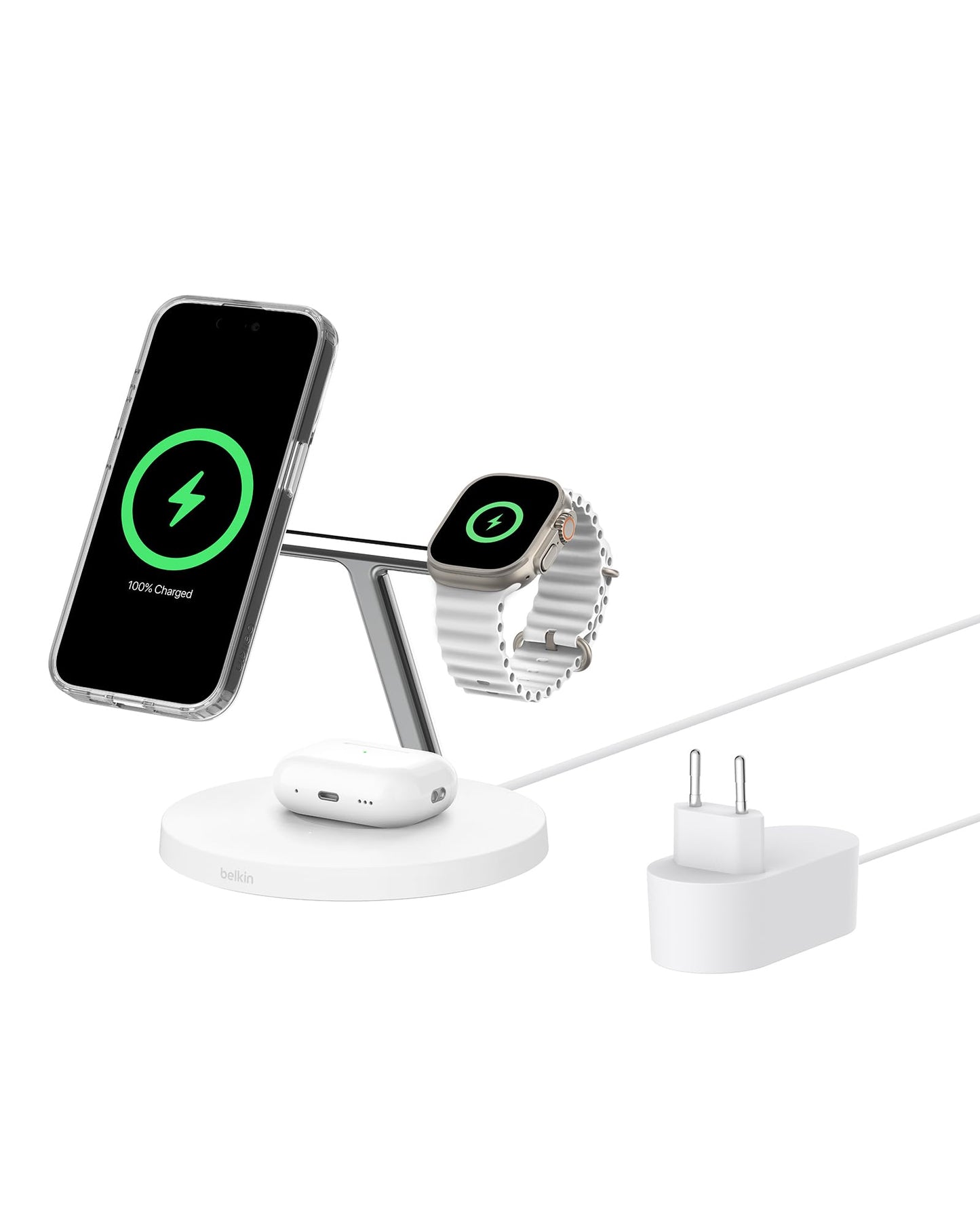 Belkin BoostCharge Pro 3-in-1 Qi2 Wireless Charger, MagSafe Compatible Charger, Inductive Charging Station for Apple iPhone 17, Air, 16, Pixelsnap, Apple Watch, AirPods, incl. Power Adapter - White - WIZ032kqWH
