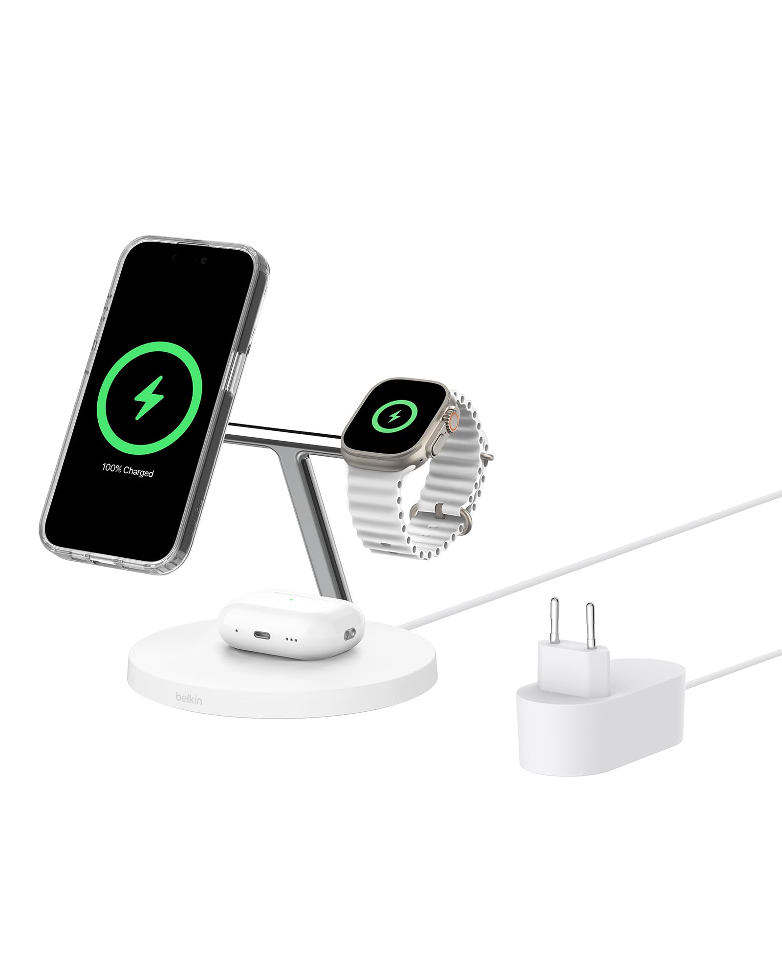 Belkin BoostCharge Pro 3-in-1 Qi2 Wireless Charger, MagSafe Compatible Charger, Inductive Charging Station for Apple iPhone 17, Air, 16, Pixelsnap, Apple Watch, AirPods, incl. Power Adapter - White - WIZ032kqWH
