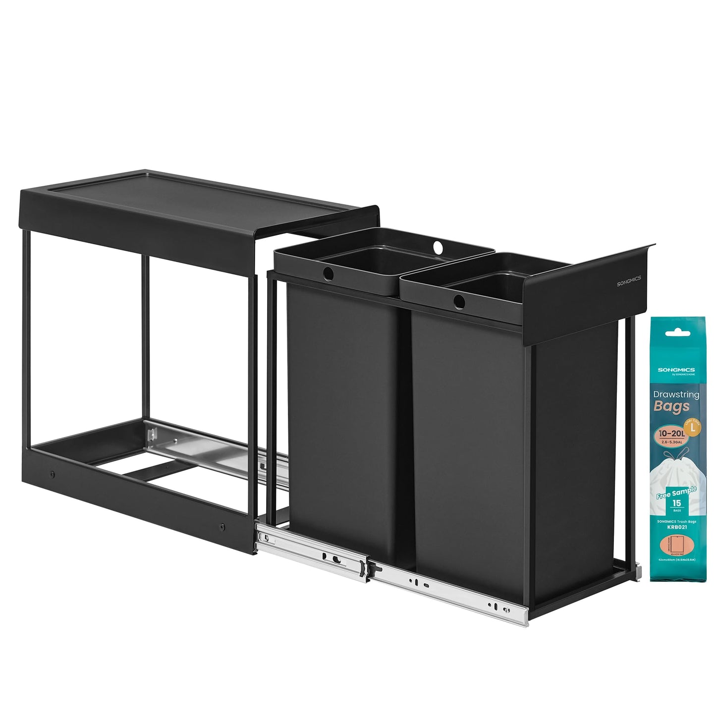 SONGMICS kitchen trash can, trash separation system for base cabinet, 2 x 15 L, trash can with 2 compartments, extendable, steel frame, ABS lid, ink black LTB950B01