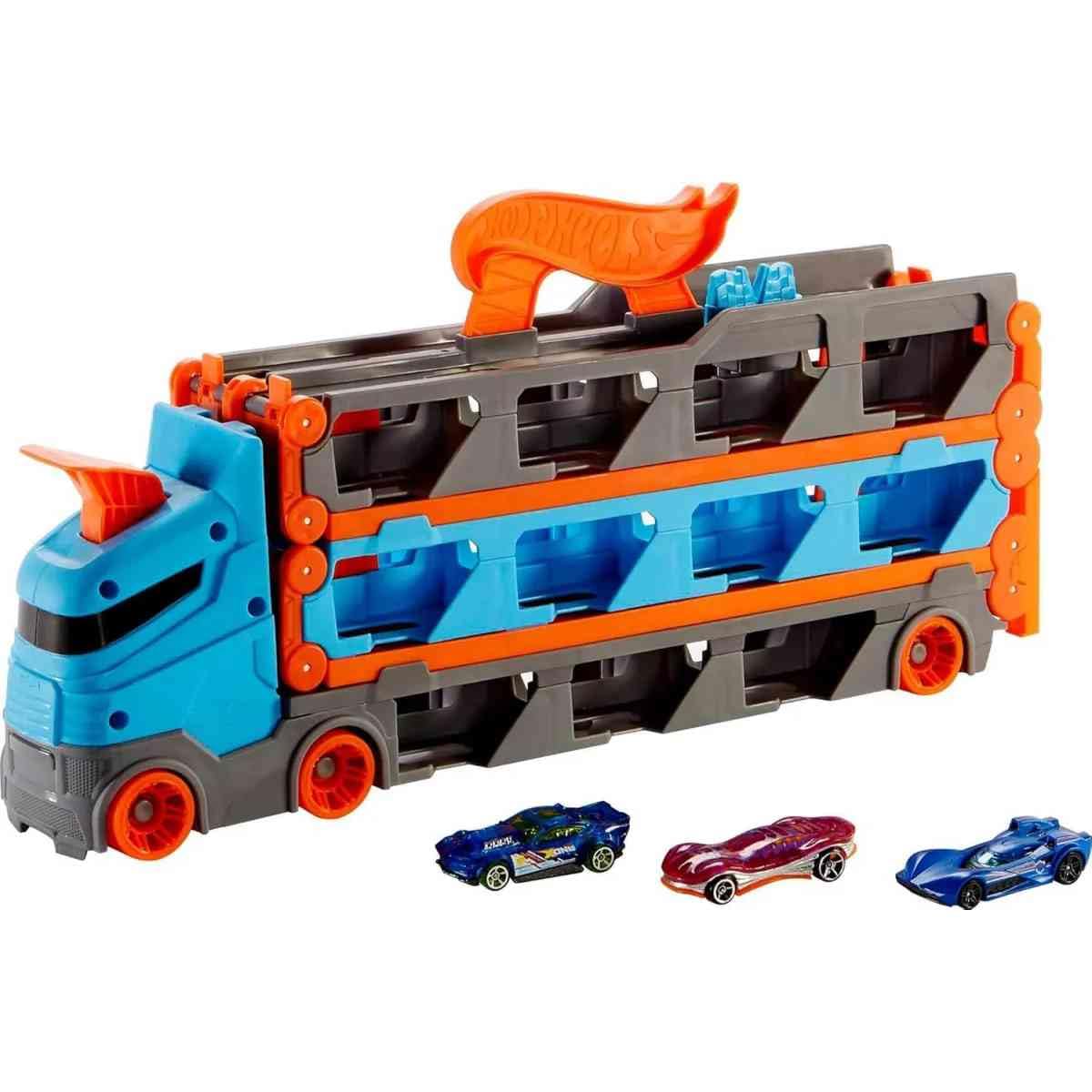 Hot Wheels - 2:1 car racing track to transporter, including 3 toy cars, with double starter, trigger function and switch, space for 20 cars, toys from 4 years, HGH33